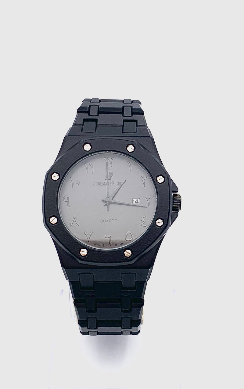 Men's Black Octagonal Sport Watch | Arabic Dial Numerals | Integrated Black Bracelet | Modern Industrial Style Timepiece