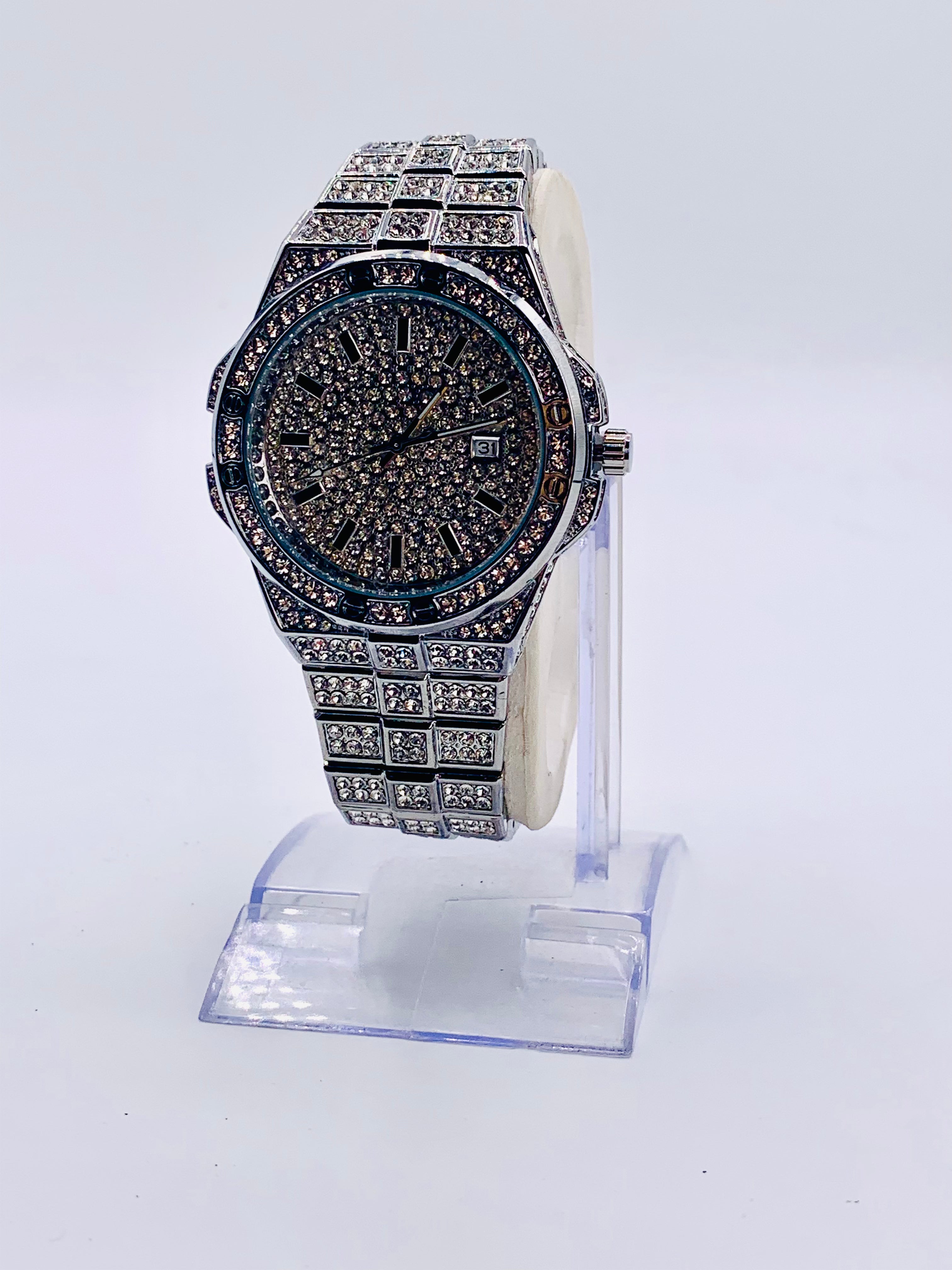 Iced Out Hip Hop Watch for Men/Women | Full Diamond Bezel & Pave Dial | Silver-Tone Finish | Bling Rapper Style Dress Watch