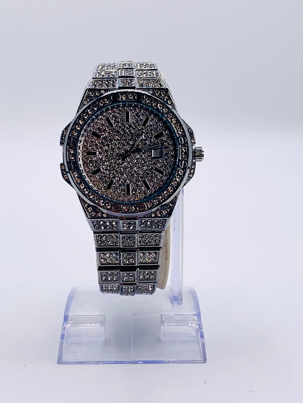 Iced Out Hip Hop Watch for Men/Women | Full Diamond Bezel & Pave Dial | Silver-Tone Finish | Bling Rapper Style Dress Watch