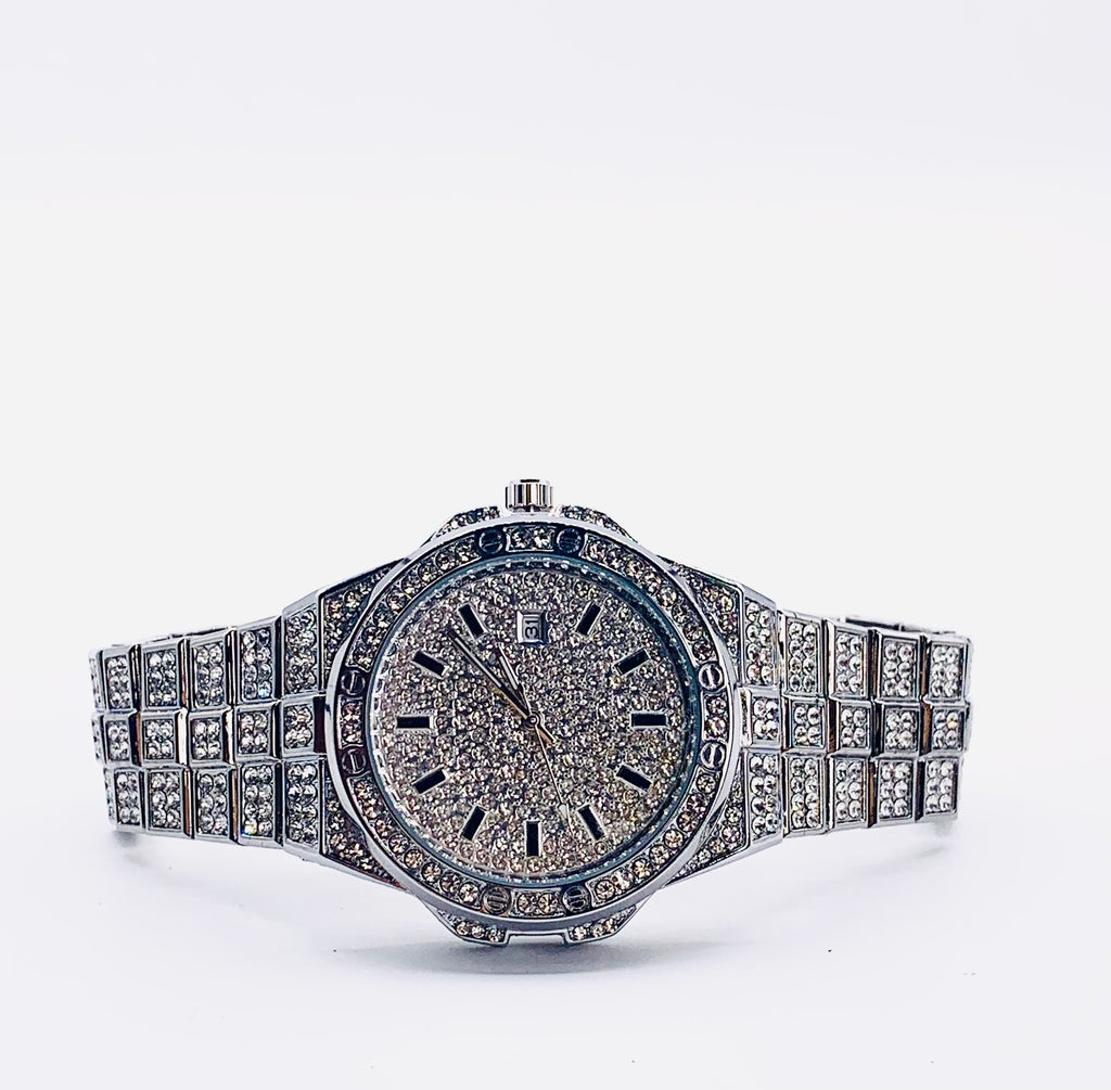 Iced Out Hip Hop Watch for Men/Women | Full Diamond Bezel & Pave Dial | Silver-Tone Finish | Bling Rapper Style Dress Watch