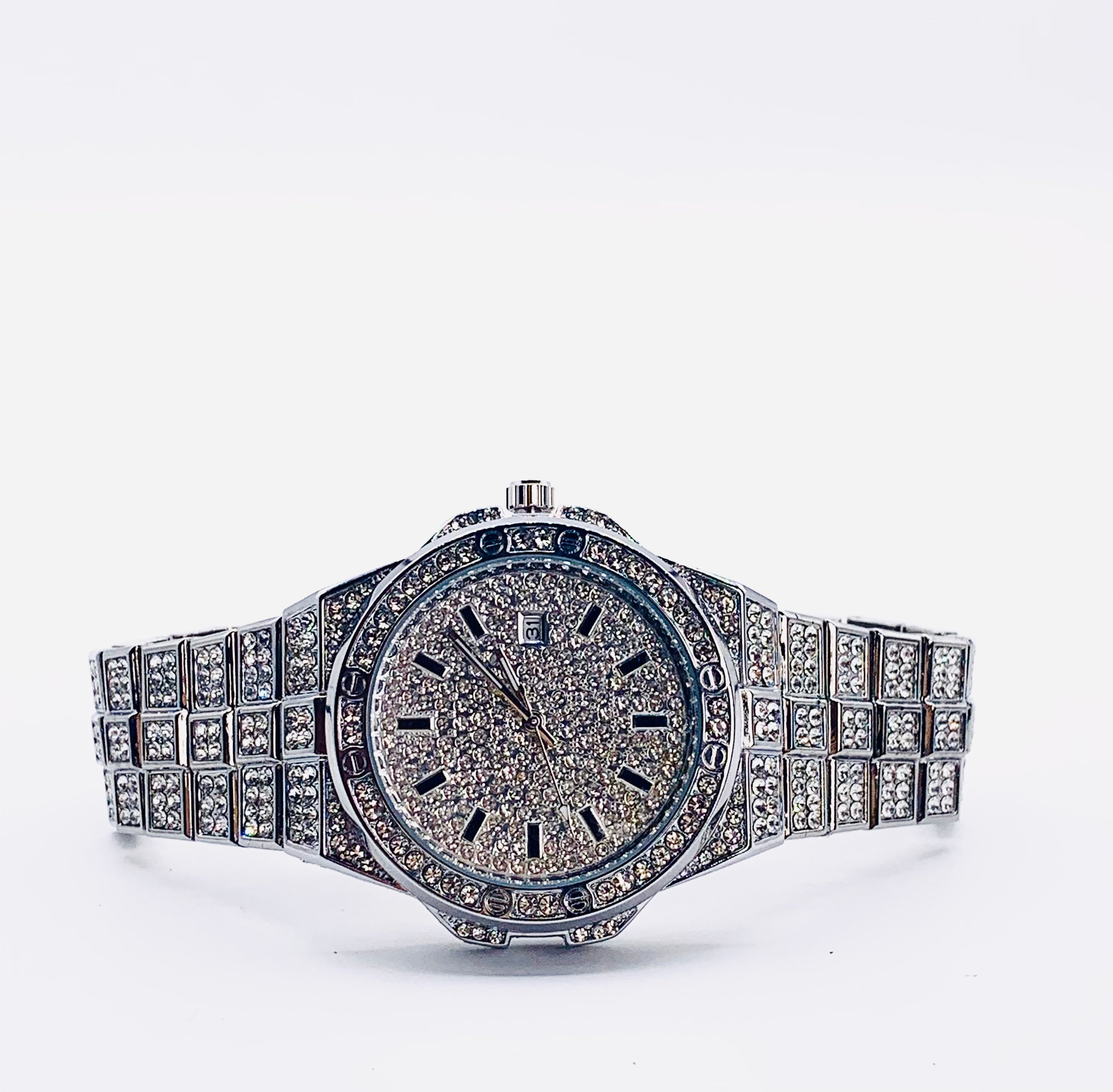 Iced Out Hip Hop Watch for Men/Women | Full Diamond Bezel & Pave Dial | Silver-Tone Finish | Bling Rapper Style Dress Watch