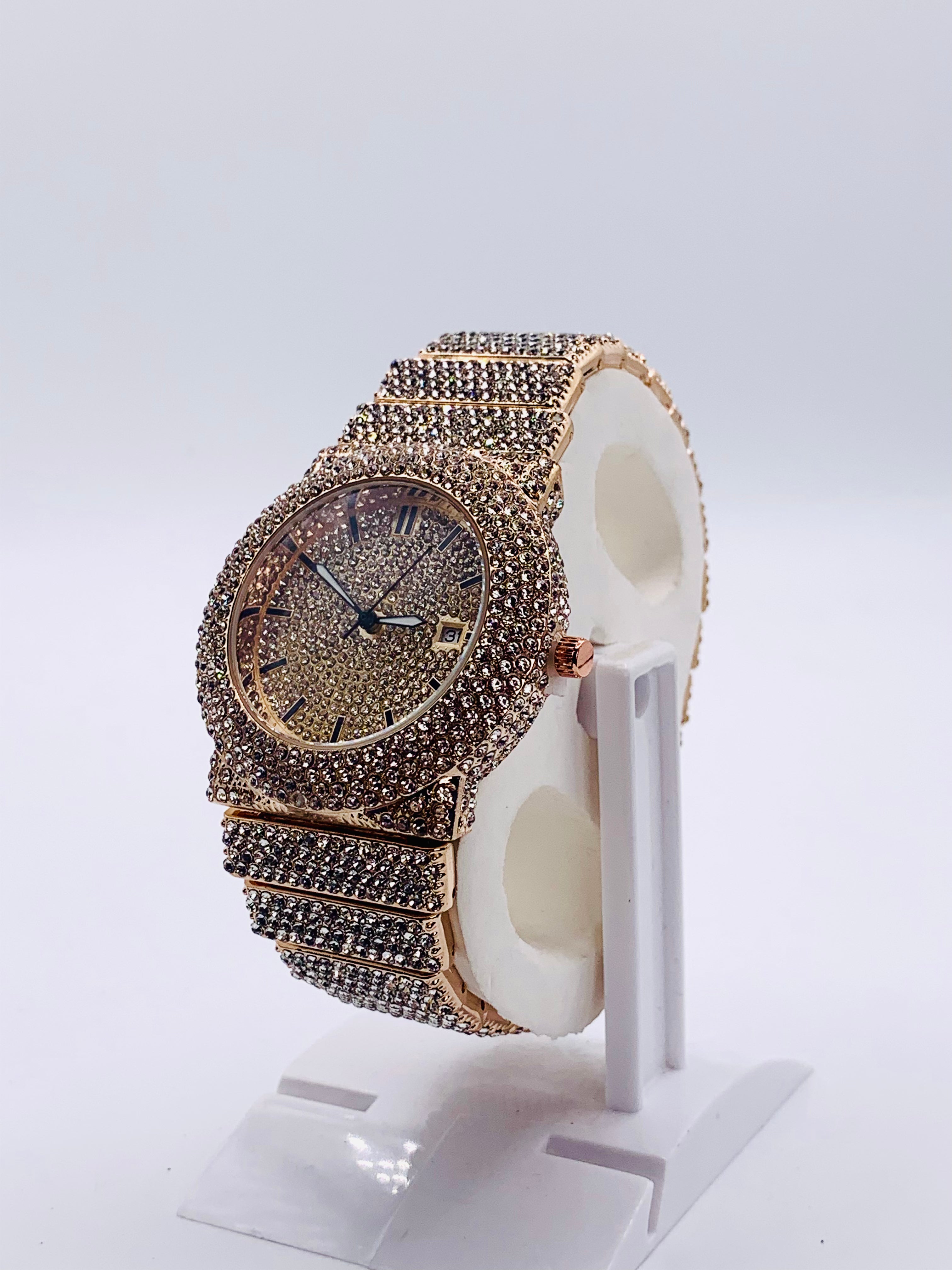 Luxury Rose Gold Iced Out Watch | Full Pave Diamond Dial & Bezel | Champagne/Rose Gold-Tone Finish | Bling Hip Hop Bracelet Watch