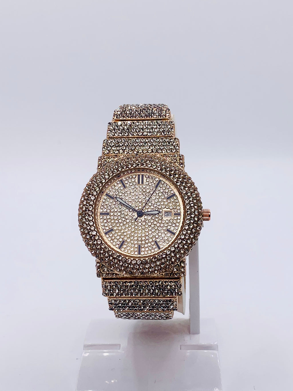 Luxury Rose Gold Iced Out Watch | Full Pave Diamond Dial & Bezel | Champagne/Rose Gold-Tone Finish | Bling Hip Hop Bracelet Watch