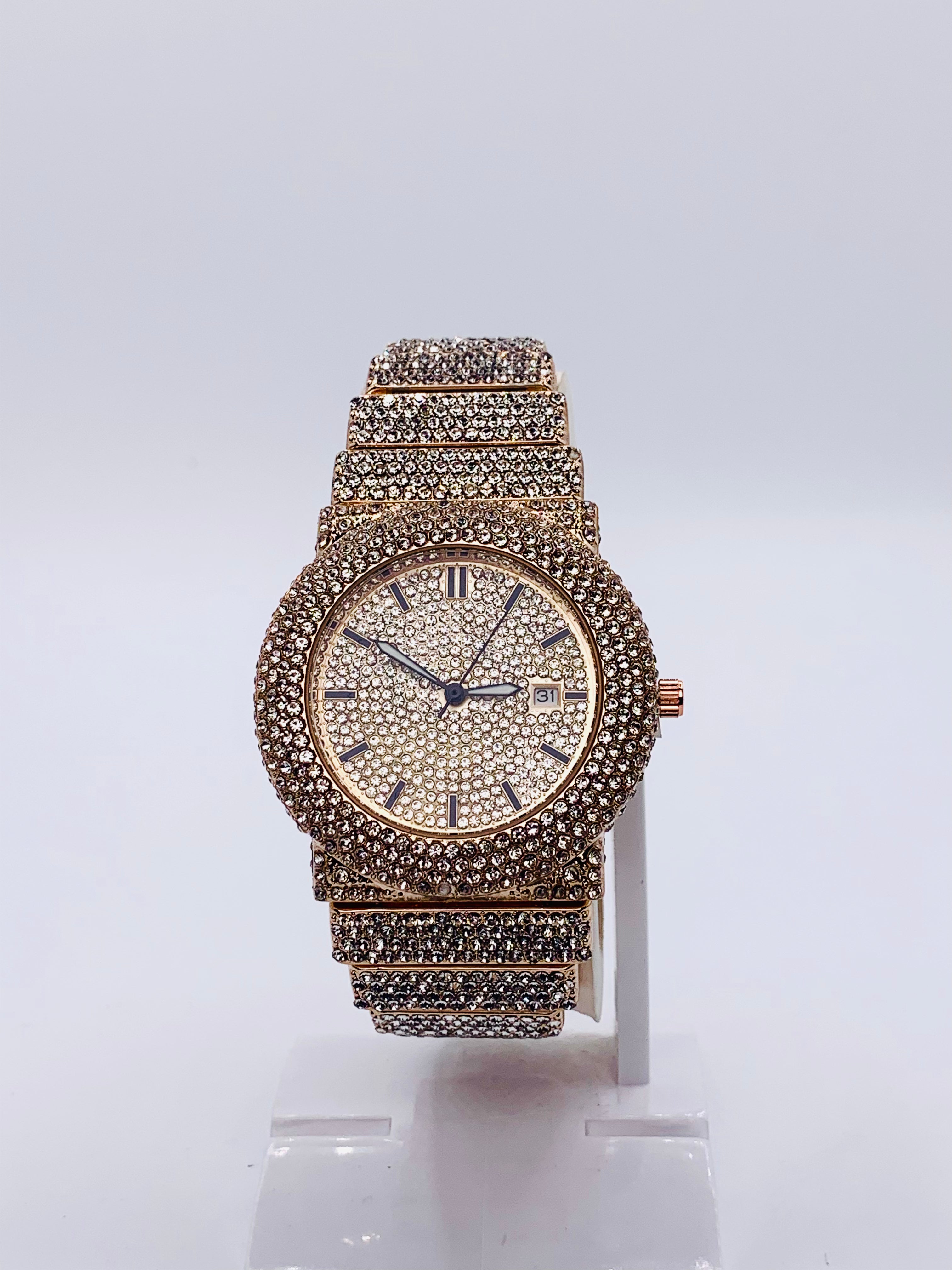 Luxury Rose Gold Iced Out Watch | Full Pave Diamond Dial & Bezel | Champagne/Rose Gold-Tone Finish | Bling Hip Hop Bracelet Watch