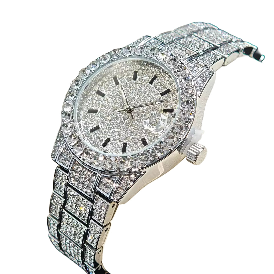 Iced Out Hip Hop Watch for Men/Women | Full Diamond Bezel & Pave Dial | Silver-Tone Finish | Bling Rapper Style Dress Watch